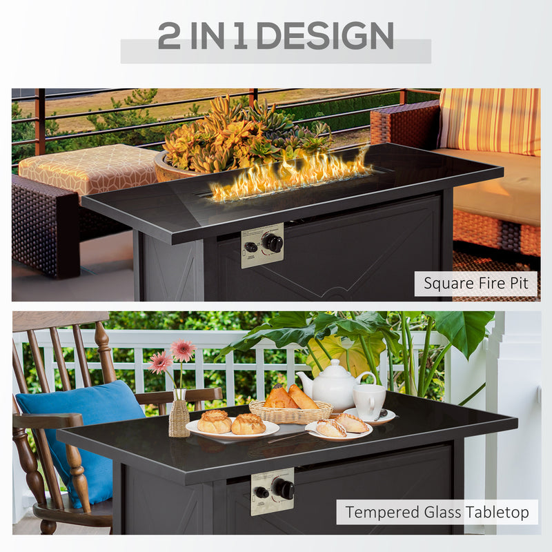Propane Gas Fire Pit Table, 50000BTU Smokeless Firepit Outdoor Patio Heater with Tempered Glass Tabletop, Cover, 109cm x 56cm x 64cm, Black