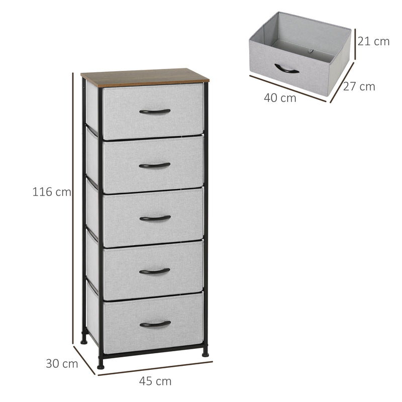 Chest of Drawers, Fabric Storage Drawers, Industrial Bedroom Dresser w/5 Fabric Drawers, Steel Frame, Wooden Top for Nursery, Living Room Grey
