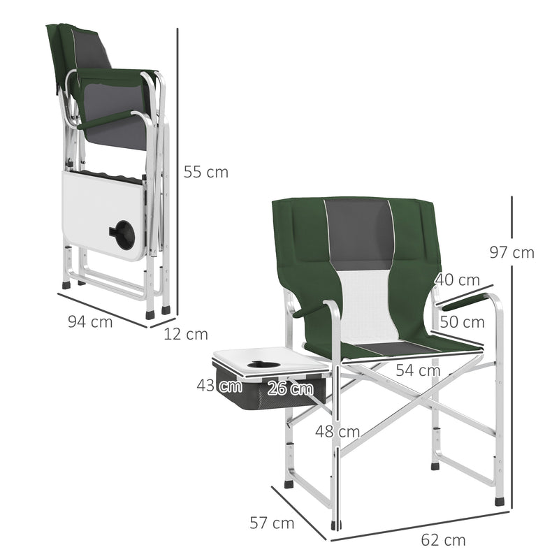 Aluminium Directors Chair, Folding Camping Chair for Adults with Side Table, Cup Holder, Cooler Bag and Pocket, Green