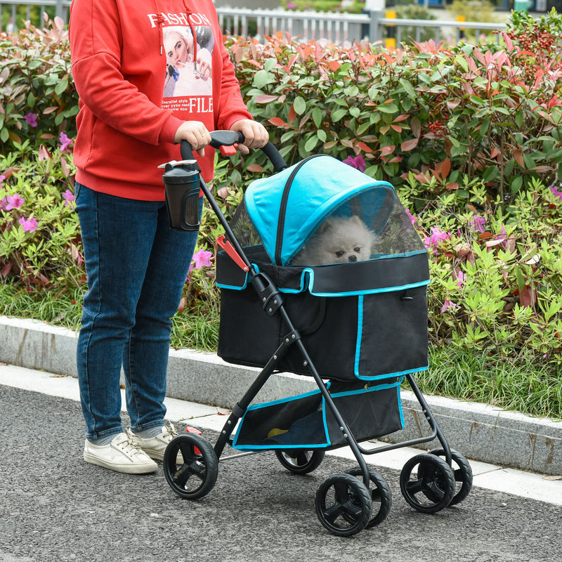 Pet Stroller Pushchair Travel One-Click Fold Trolley with EVA Wheels Brake Removable Cloth Basket Bottle Holder Adjustable Canopy Safety Leash