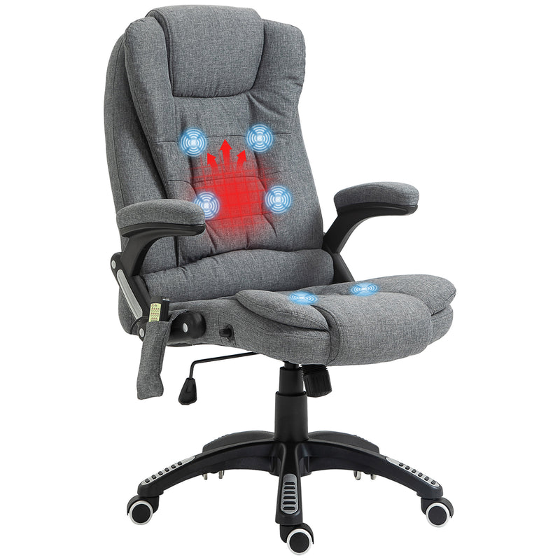 Massage Recliner Chair Heated Office Chair with Six Massage Points Linen-Feel Fabric 360° Swivel Wheels Grey
