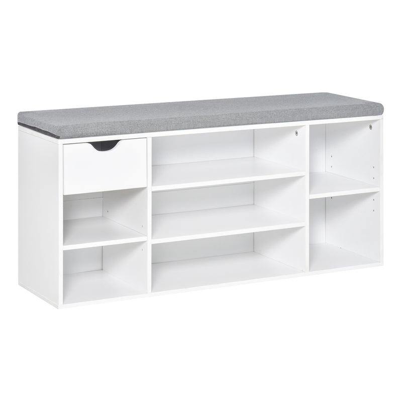 Shoe Bench with Seat Cushion Shoe Storage Cabinet with 7 Compartments Drawer Adjustable Shelves for Entryway Hallway Living Room White and Grey