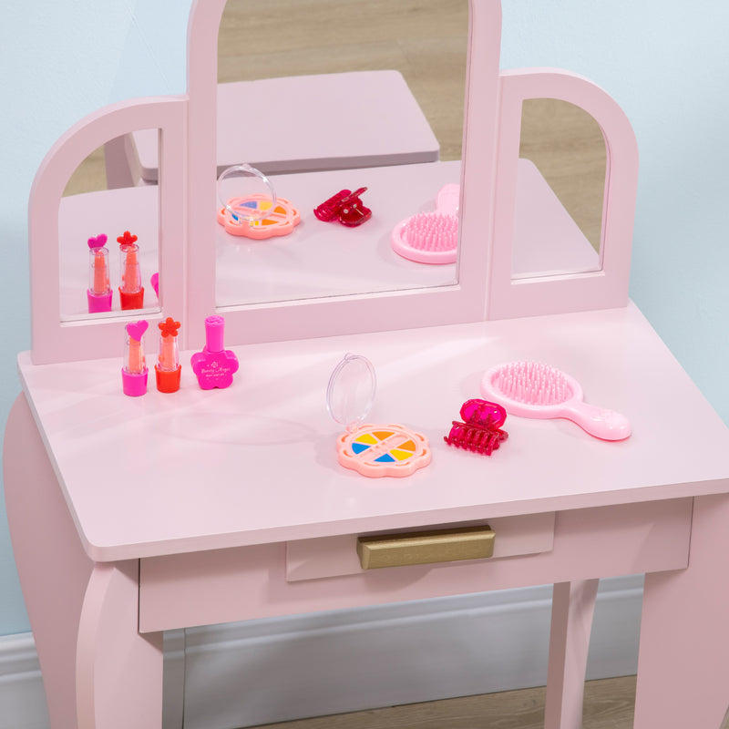 Kids Dressing Table with Mirror and Stool, Kids Vanity Set, Girl Makeup Desk with Drawer for 3-6 Years Old Children, Pink