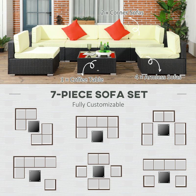 7 Pieces PE Rattan Garden Furniture Set with Thick Padded Cushion, Patio Garden Corner Sofa Sets with Glass Coffee Table and Pillows, Buckle Structure, Black