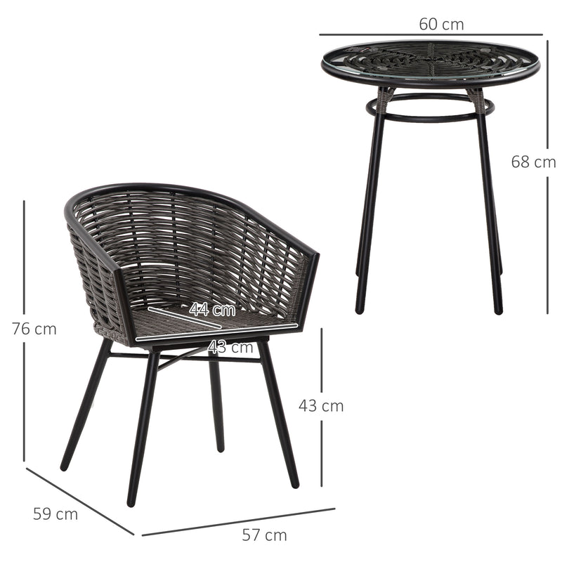Rattan Bistro Set 2-Seater Wicker Garden Furniture Round Table for Patio and Balcony w/ Cushions, Grey