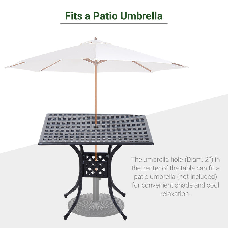 90cm Square Garden Table with Umbrella Hole, Aluminium Grid Motif Outdoor Dining Table for Garden Patio, Black