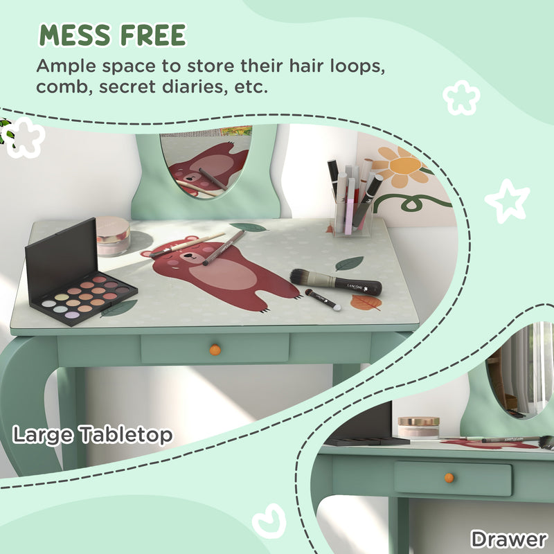 Kids Dressing Table with Mirror and Stool, Girls Vanity Table Makeup Desk with Drawer, Cute Animal Design, for 3-6 Years - Green
