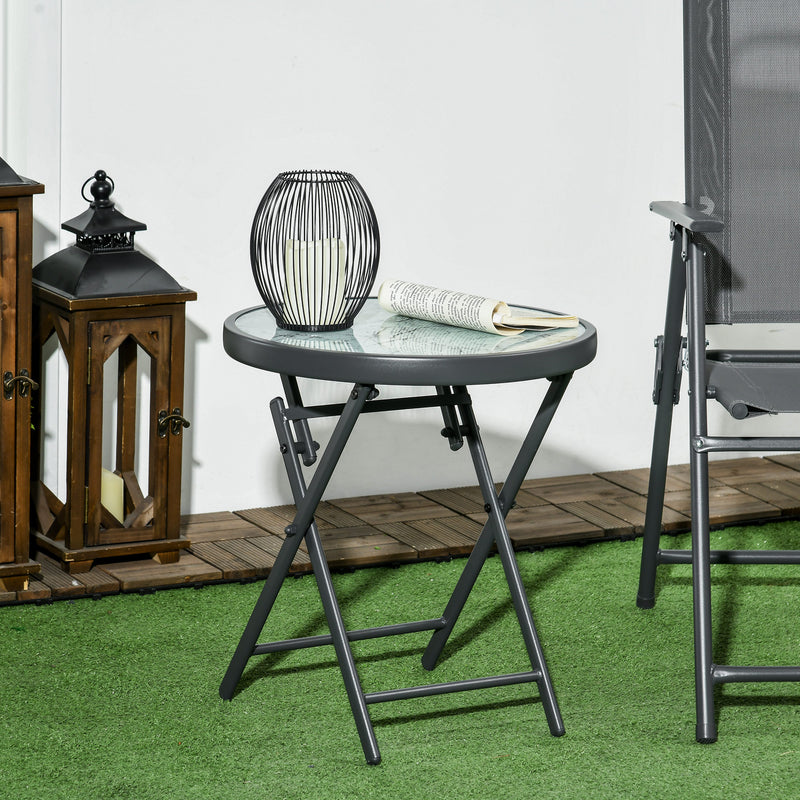 45cm Outdoor Side Table, Round Folding Patio Table with Imitation Marble Glass Top, Small Coffee Table, White