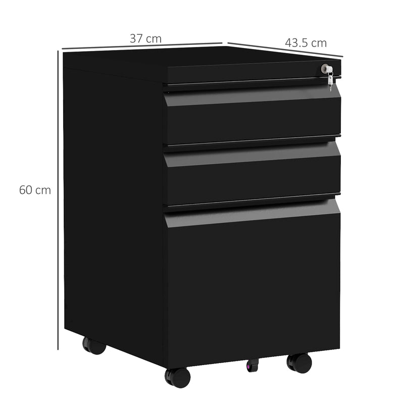3-Drawer Mobile Filing Cabinet on Wheels w/ Pencil Tray, Steel Lockable File Cabinet w/ Adjustable Hanging Bar for A4, Legal Size, Black