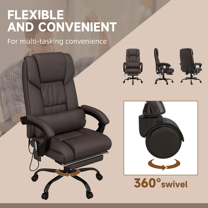 6-Point PU Leather Massage Office Chair with Swivel Wheels, Reclining Chair Office with Footrest, Remote, Brown