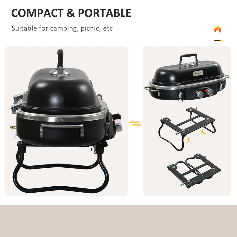 Foldable Gas BBQ Grill 2 Burner Table Top Barbecue w/ Lid Piezo Ignition Thermometer for Camping Picnic Cooking, Aluminium Alloy