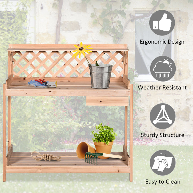 Wooden Garden Potting Table with Drawer Flower Plant Work Bench Workstation Tool Storage Shelves Outdoor Grid