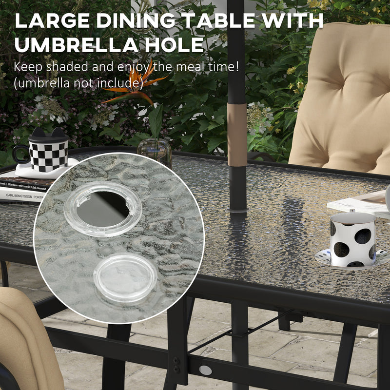 7 Piece Garden Dining Set, Outdoor Dining Table and 6 Cushioned Armchairs, Tempered Glass Top Table w/ Umbrella Hole, Texteline Seats, Beige