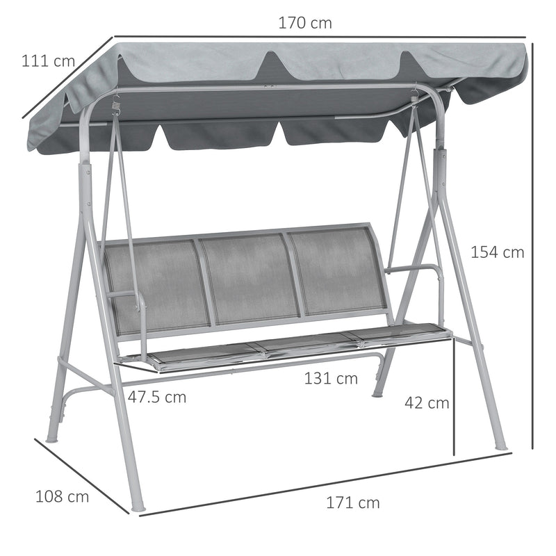 Metal Garden Swing Chair, 3-Seater Swing Seat, Patio Hammock Bench Canopy Lounger, Light Grey