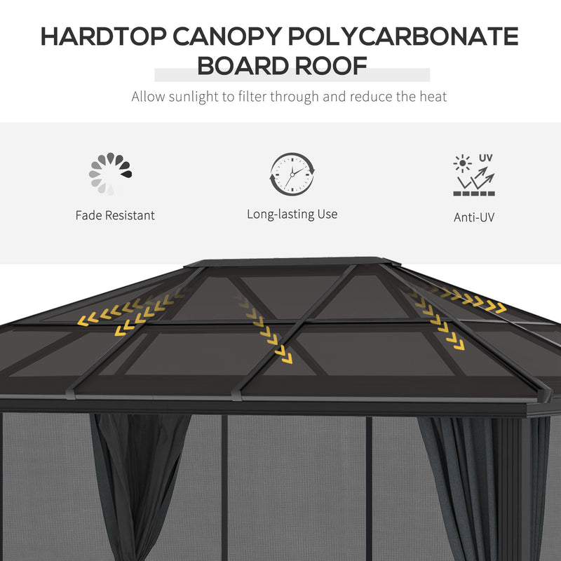 3 x 4m Hard Top Gazebo Garden Pavilion with Netting and Curtains, Polycarbonate Roof and Aluminium Frame
