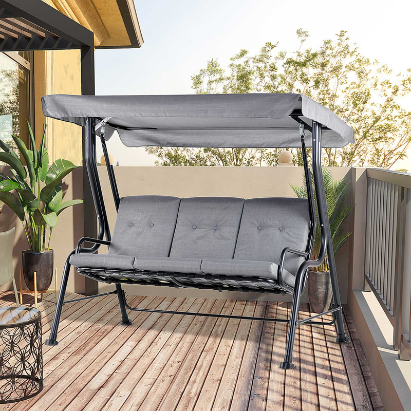 3 Seater Outdoor Garden Swing Chairs Thick Padded Seat Hammock Canopy Porch Patio Bench Bed - Grey