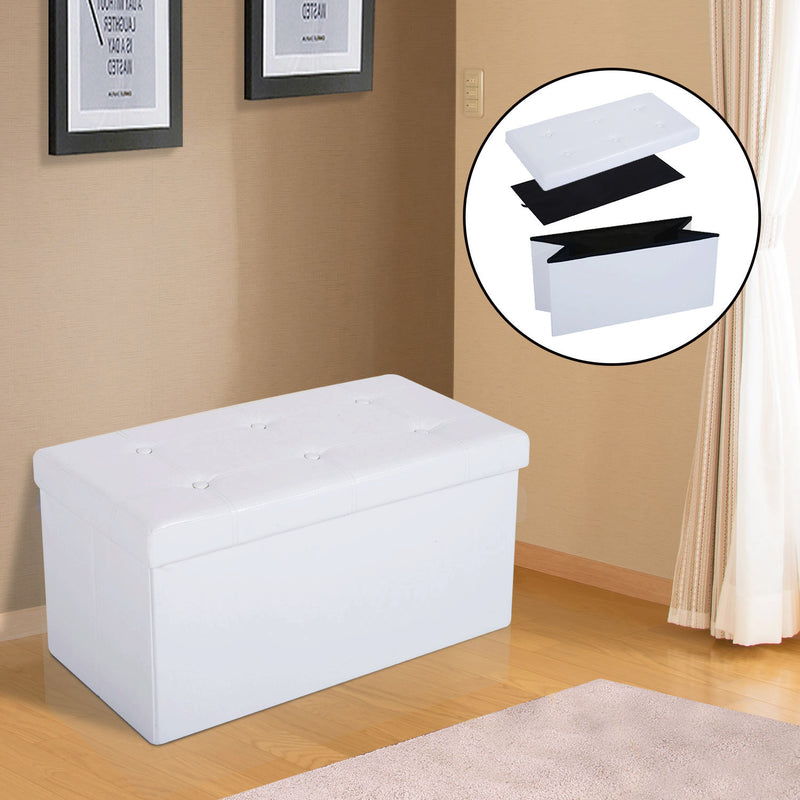 Folding Faux Leather Storage Cube Ottoman Bench Seat PU Rectangular Footrest Stool Box (Cream White)