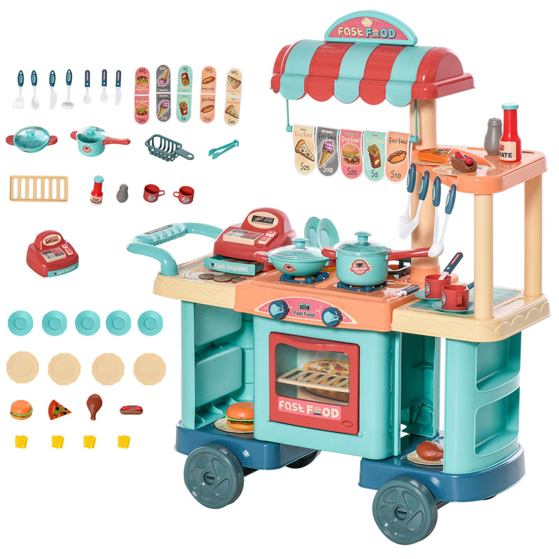 50 Pcs Kids Kitchen Play set Fast Food Trolley Cart Pretend Playset Toys with Play Food Money Cash Register Accessories Gift for Kids Age 3-6