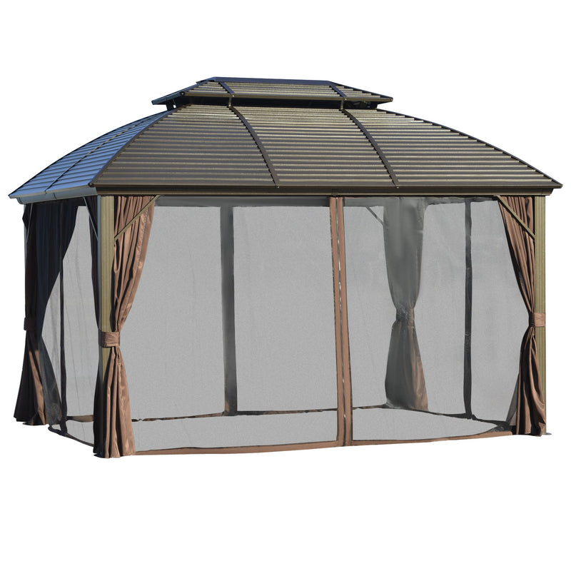 3.65 x 3(m) Hardtop Steel Gazebo Canopy for Patio Heavy Duty Outdoor Pavilion with Aluminum Alloy Frame, Double Roof, Brown