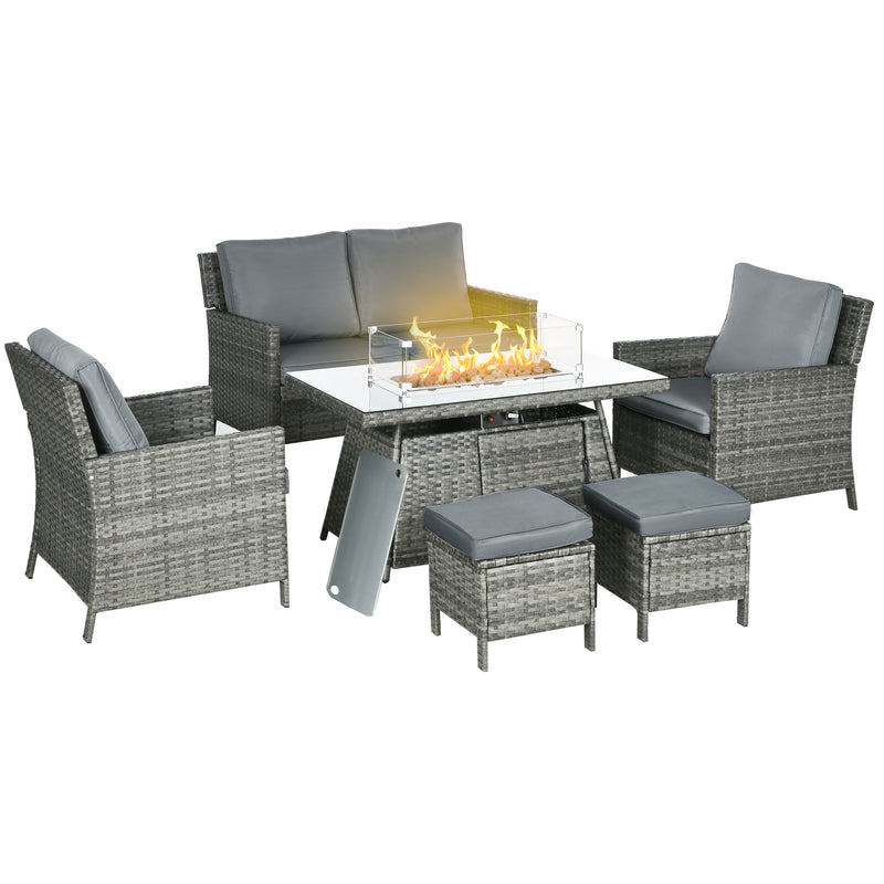 6-Seater Rattan Garden Furniture Set w/ Gas Fire Pit Table, Wicker Loveseat, 2 Armchairs and 2 Footstools, Grey
