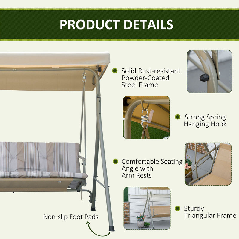 3 Seater Garden Swing Chair, Patio Rocking Bench with Tilting Canopy, Removable Cushion and Steel Frame, Light Brown