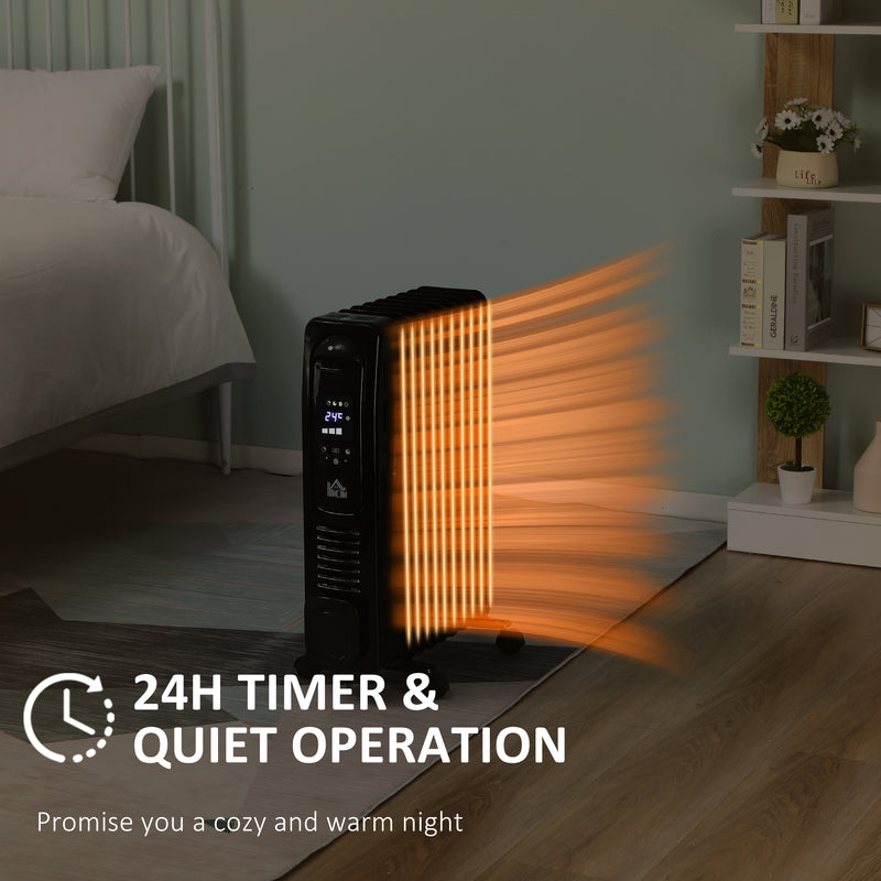 2180W Digital Oil Filled Radiator, 9 Fin, Portable Electric Heater with LED Display, Timer 3 Heat Settings Safety Cut-Off Remote Control Black