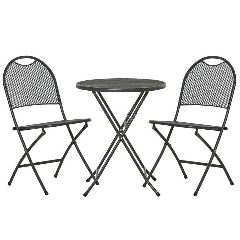 3 Piece Garden Bistro Set w/ Folding Design Mesh Metal Outdoor Coffee Table Set Two Chairs Black