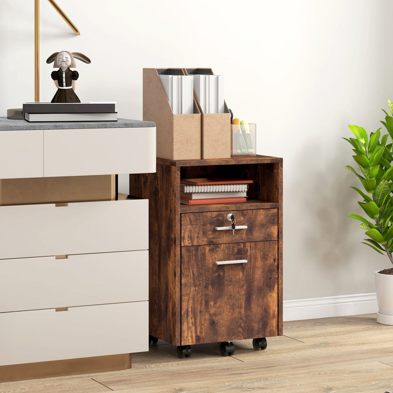 Lockable Filing Cabinet for Home Office, Mobile File Cabinet with Wheels Hanging Bar for A4, Letter Size, Rustic Brown