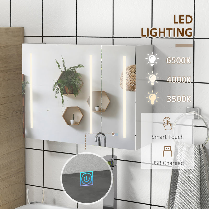 Bathroom Wall Wardrobe with Light, Bathroom Storage Cupboard with USB Charge, Adjustable Shelf, 90L x 15H x 70Dcm, White