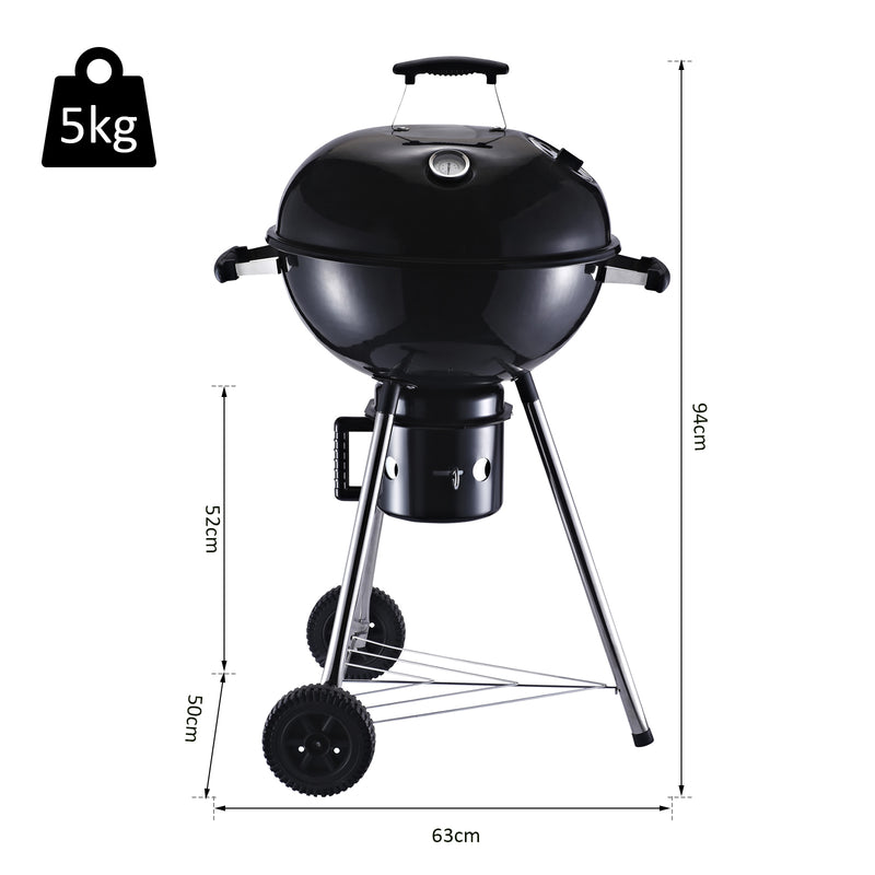 Freestanding Charcoal Barbecue Grill Garden Portable BBQ Smoker w/ Wheels, Storage Shelves and On-body Thermometer, Black