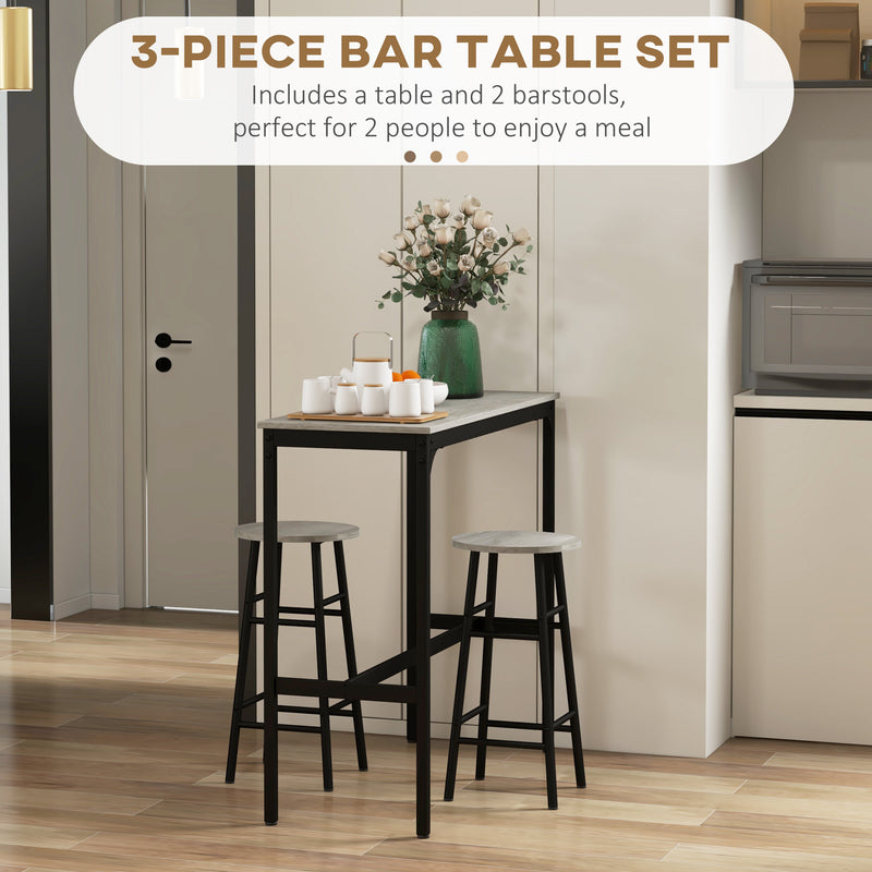 3 Piece Bar Table Set with 2 Stools, Industrial Bar Table and Stool Set, Dining Table and Chair Set for Small Space, Grey