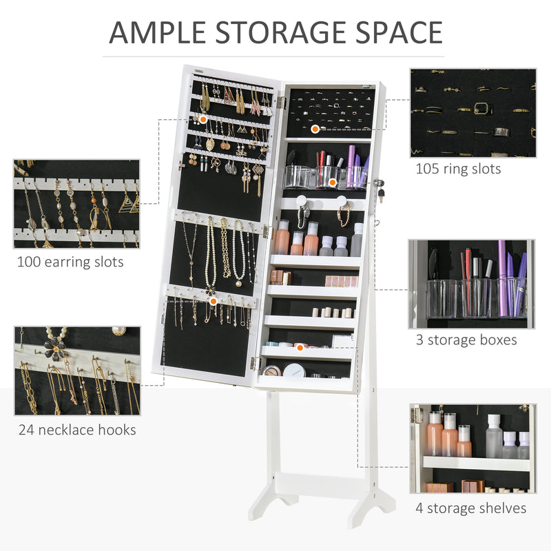 Jewellery Cabinet with LED Light, Lockable Jewellery Organiser with Full-Length Mirror for Bedroom Dressing Room, White