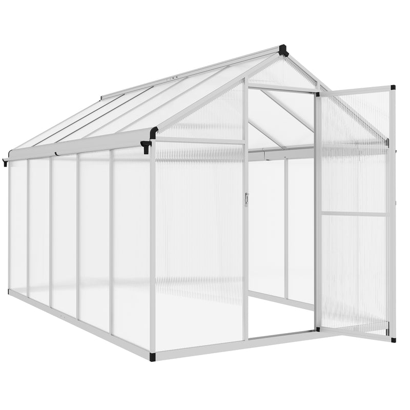 6 x 10ft Polycarbonate Greenhouse with Rain Gutters, Large Walk-In Green House with Window, Garden Plants Grow House with Aluminium