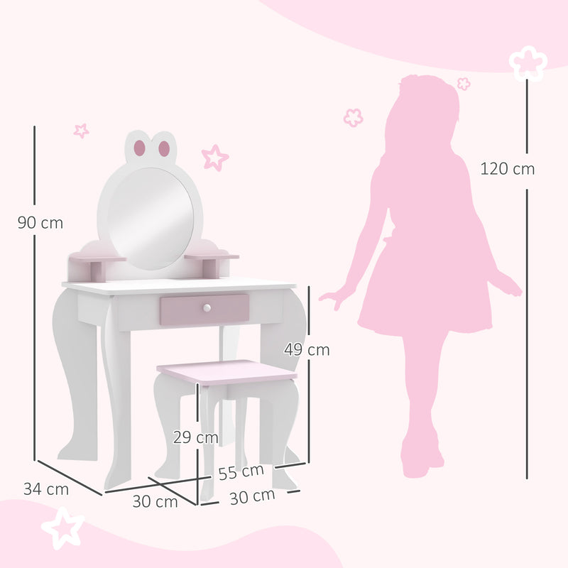 Bunny-Design Kids Dressing Table, with Mirror and Stool - White and Pink