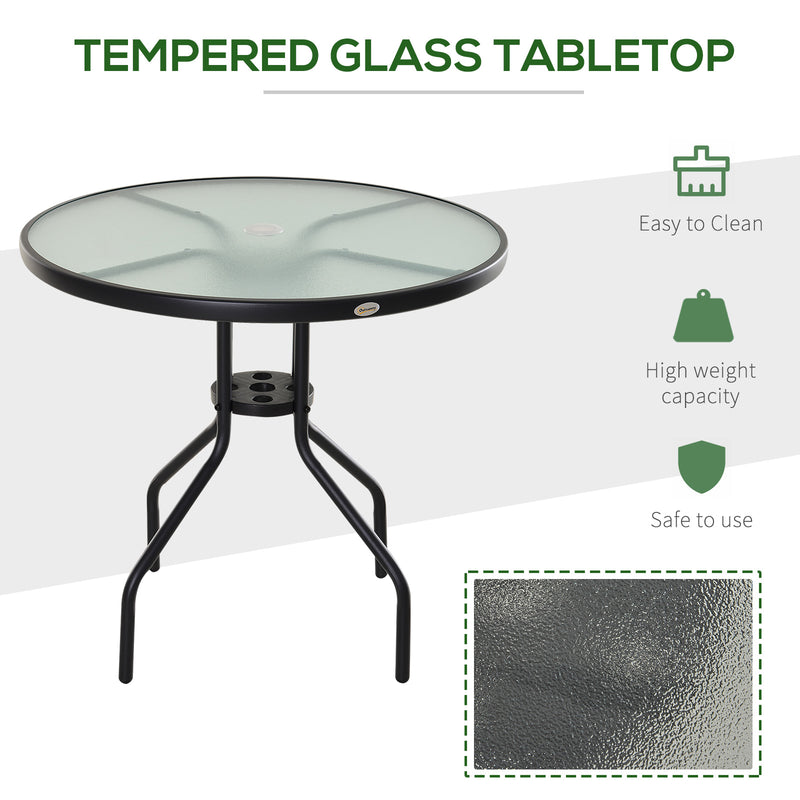 Garden Table Outdoor Round Dining Coffee Table with Parasol Hole, Tempered Glass Top Side Table - 80cm Diameter