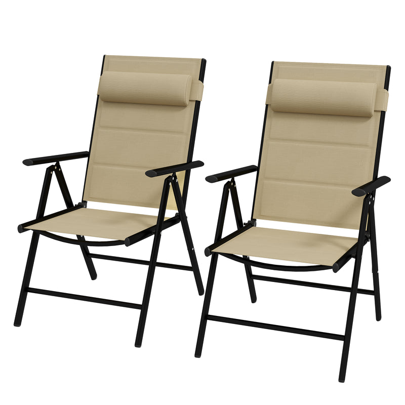 Set of 2 Patio Folding Chairs w/ Adjustable Back, Garden Dining Chairs w/ Breathable Mesh Fabric Padded Seat, Backrest, Headrest, Khaki