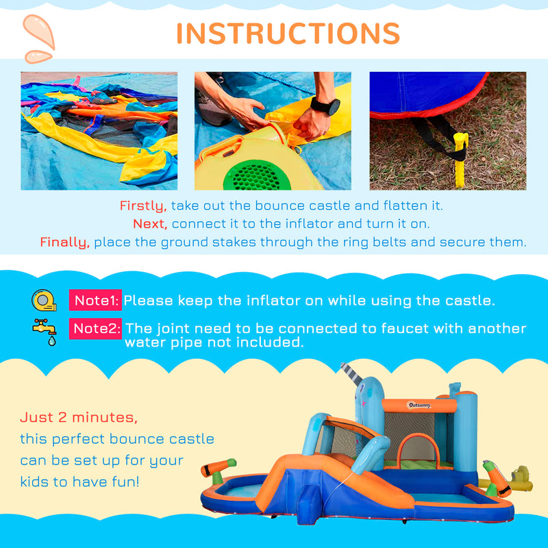 5 in 1 Kids Bounce Castle Narwhals Style Inflatable House with Slide Trampoline Pool Water Gun Climbing Wall with Inflator Carrybag