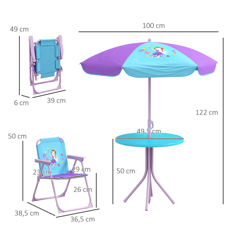 Kids Picnic Table and Chair Set, Fairy Themed Outdoor Garden Furniture w/ Foldable Chairs, Adjustable Parasol