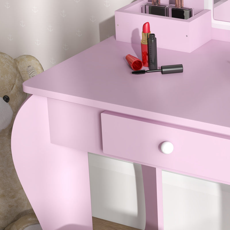 Kids Vanity Table with Mirror and Stool, Cloud Design, Drawer, Storage Boxes, for 3-6 Years Old - Pink