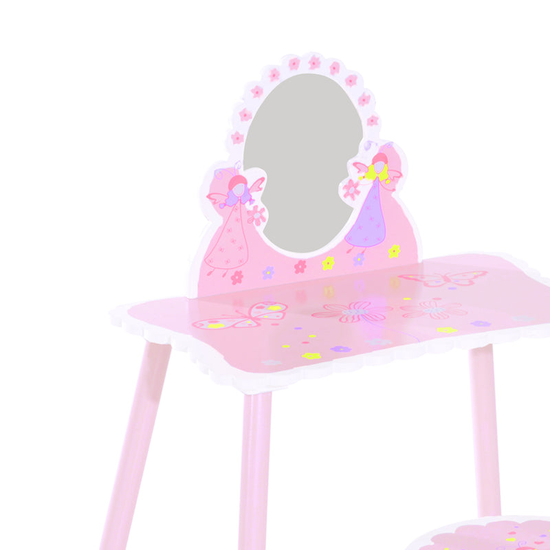 Kids Dressing Table Girls Pink Wooden Kids Dressing Table & Stool Make Up Desk Chair Toys Fairy Dresser Play Set w/Mirror