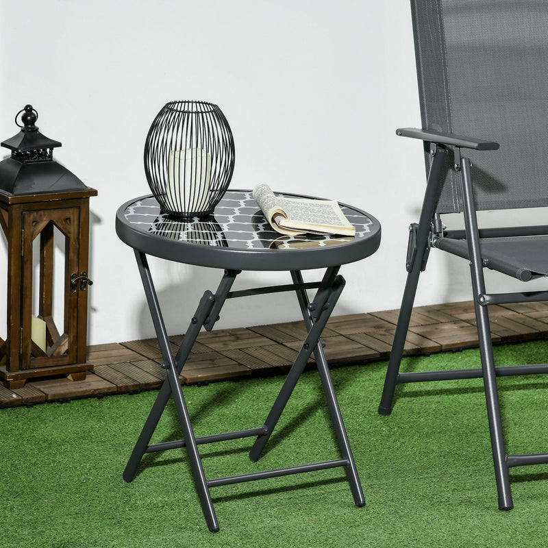 45cm Outdoor Side Table, Round Folding Patio Table with Imitation Marble Glass Top, Small Coffee Table, Black