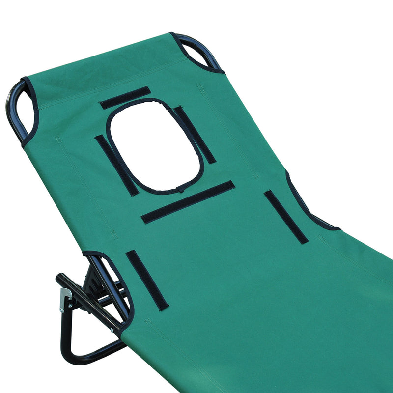 Foldable Outdoor Sun Lounger Adjustable Backrest Reclining Chair with Pillow and Reading Hole Garden Beach, Dark Green