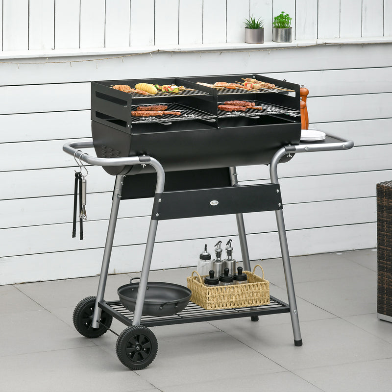 Charcoal Barbecue Grill Garden BBQ Trolley w/ Adjustable Grill Height, Double Grill, Side Table, Storage Shelf and Wheels, Black