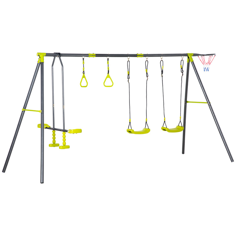 Kids Swing Set for Backyard, Outdoor Play Equipment, w/ Adjustable Swing Seats, Seesaw, Basket Hoop, A-Frame Metal Stand for Ages 3-10 Years