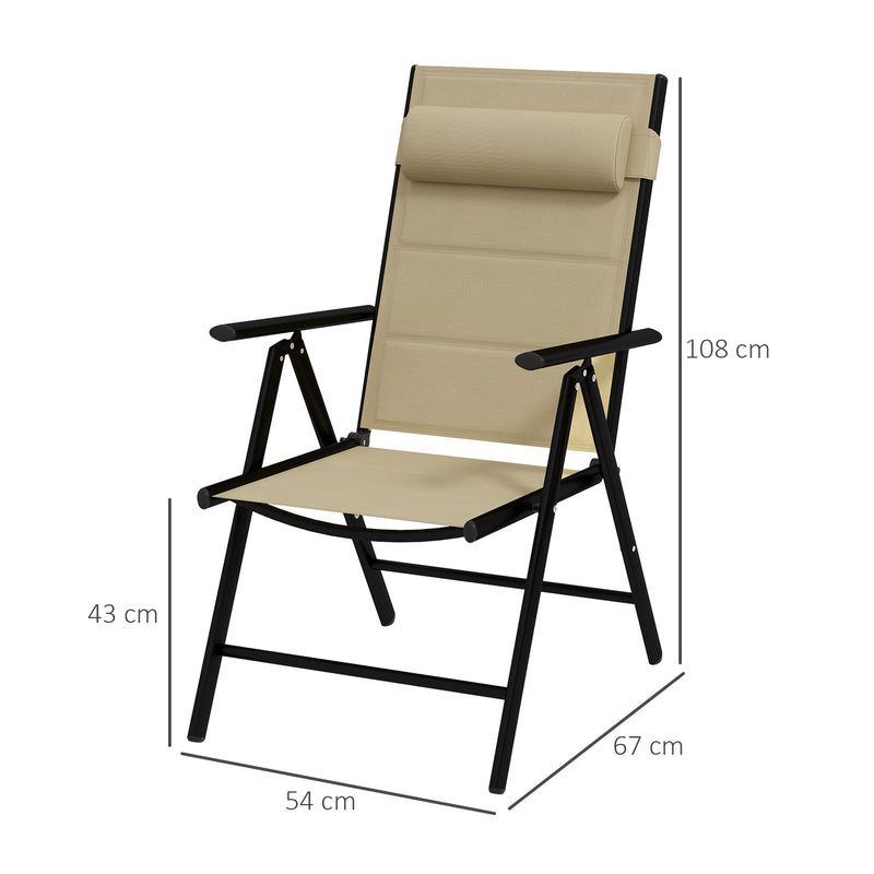 Set of 2 Patio Folding Chairs w/ Adjustable Back, Garden Dining Chairs w/ Breathable Mesh Fabric Padded Seat, Backrest, Headrest, Khaki