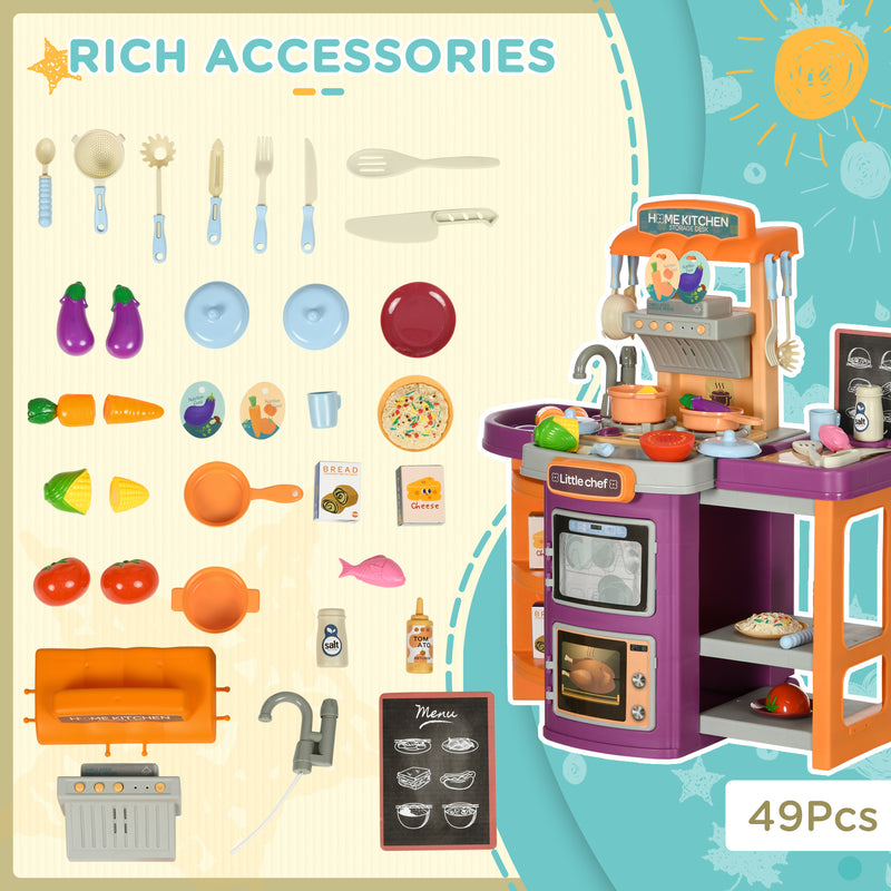 Toy Kitchen, 49 Pieces Kids Play Kitchen, Children Trolley, with Sound and Light, Spray Effects, Running Water