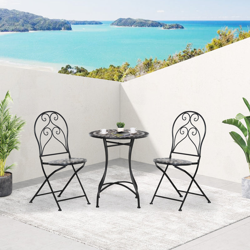 3 Piece Garden Outdoor Bistro Set with Coffee Table and 2 Folding Chairs, Mosaic Tile Top and Seats, Metal Frame, for Patio Balcony