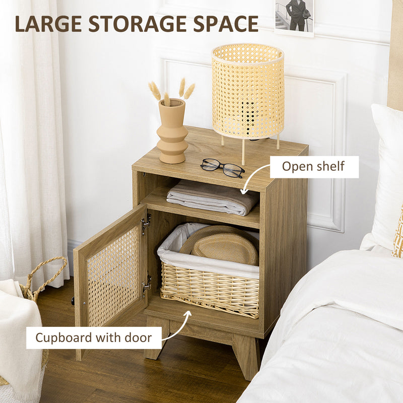 Bedside Table with Rattan Element, Side End Table with Shelf and Cupboard, 39cmx35cmx60cm, Natural