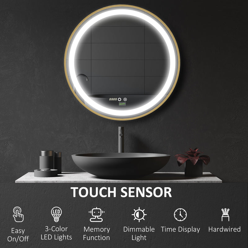 Round Illuminated Bathroom Mirrors Dimmable LED Lighted Wall Mount Mirror w/ 3 Colours, Time Display, Memory Function, 60cm