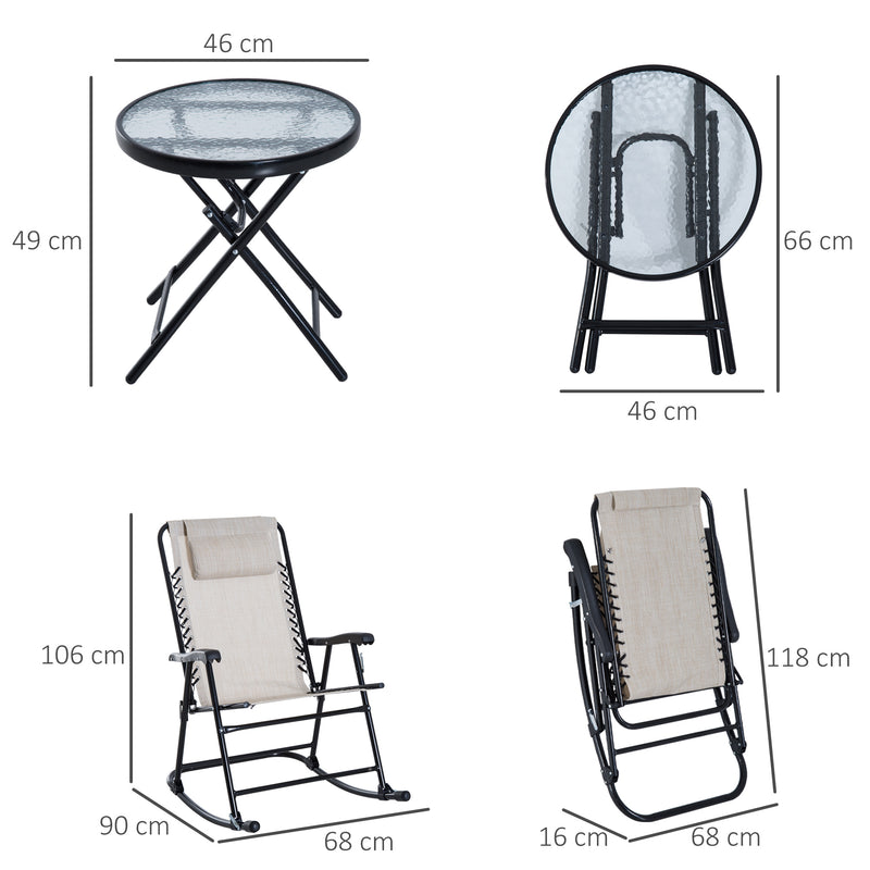 3 Piece Outdoor Rocking Set with 2 Folding Chairs and 1 Tempered Glass Table, Patio Bistro Set for Garden, Deck, Beige